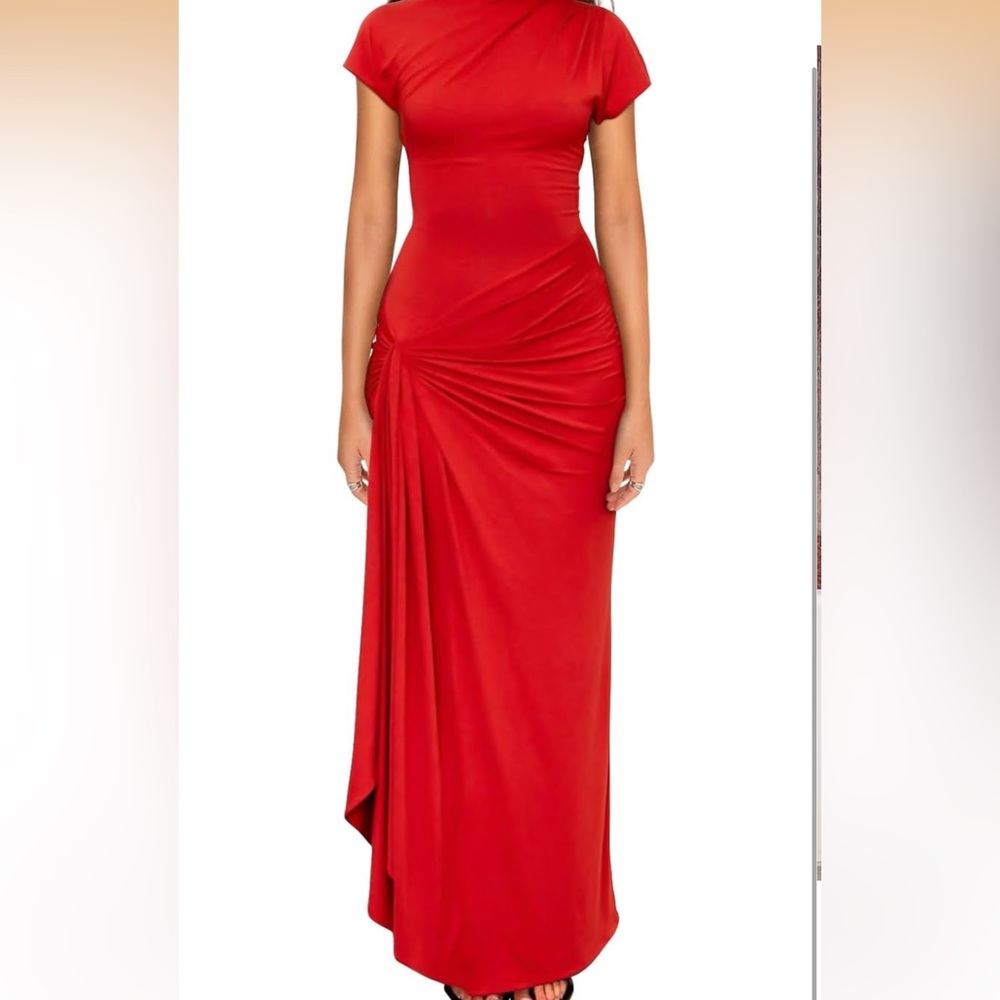 GOKATOSAU Asymmetry Neck High Side Split Bodycon Ruched Long Maxi Dress Red